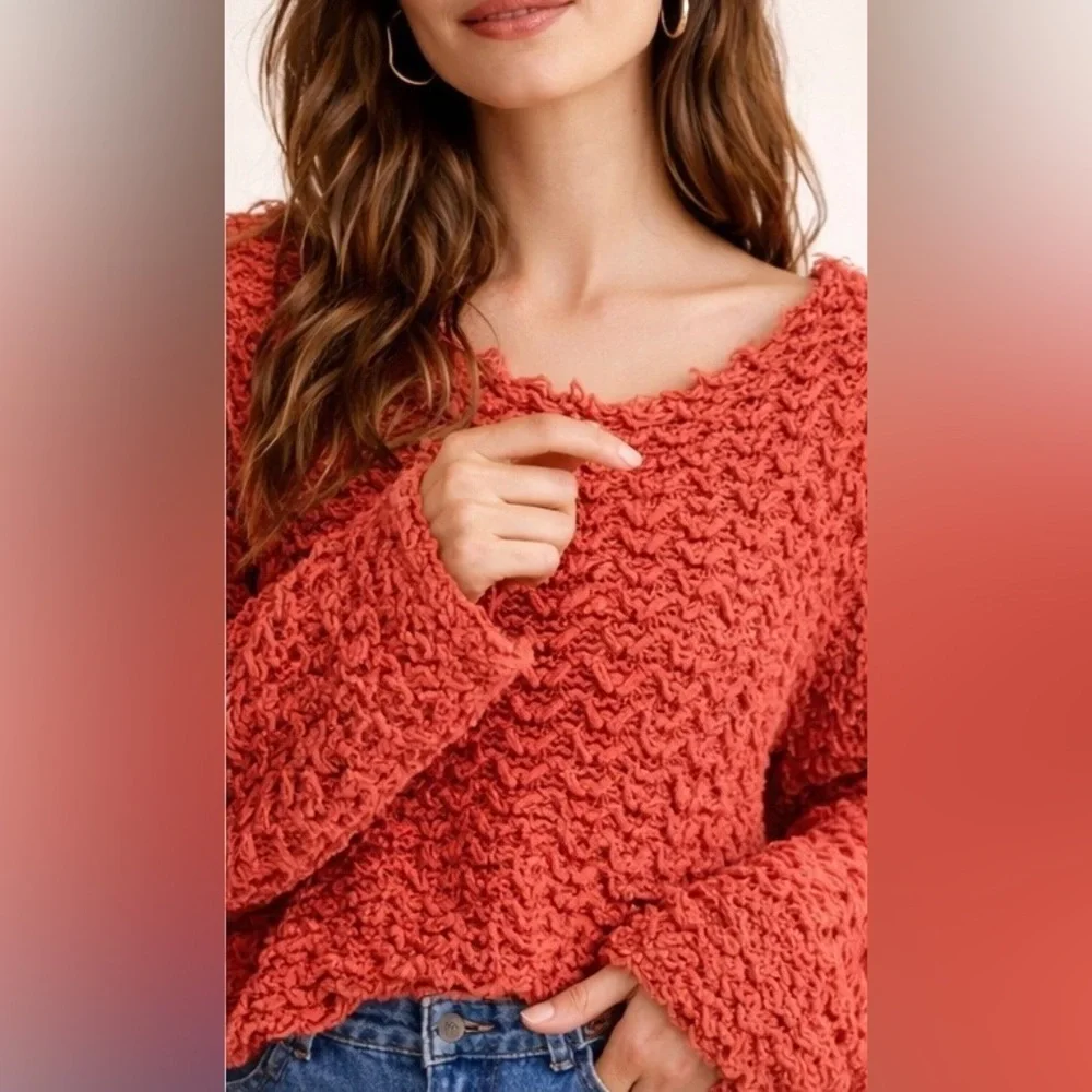 Free People Textured Wave Knit Sweater | Coral | M